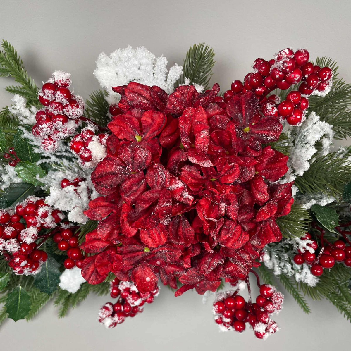 Christmas Swag Centerpiece Red Hydrangea Snowy Pine