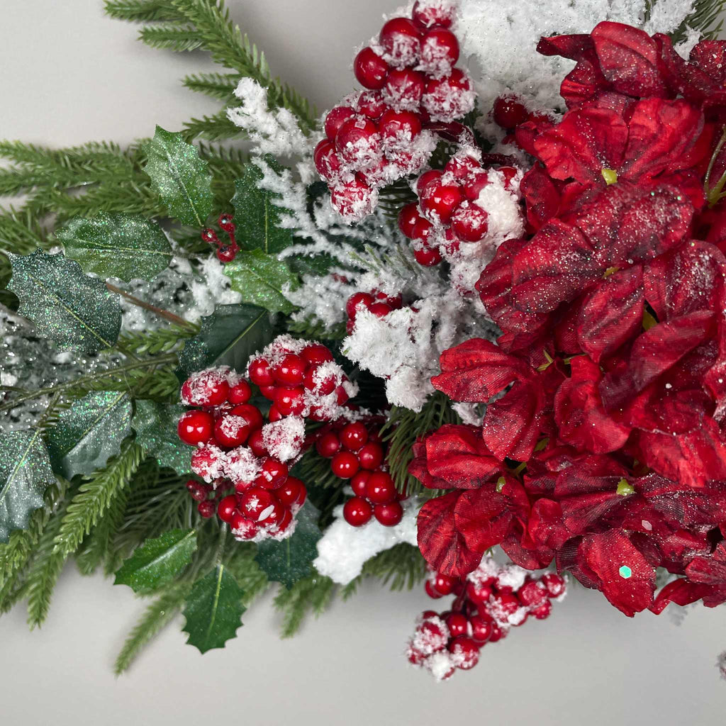 Christmas Swag Centerpiece Red Hydrangea Snowy Pine