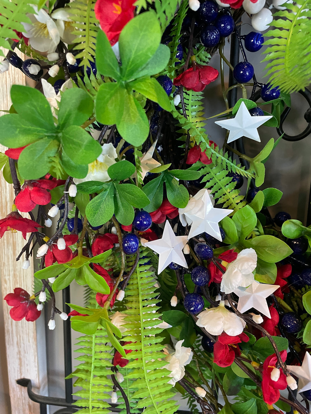 Red White and Blue Berry Fourth of July Summer Wreath with White Metal Stars