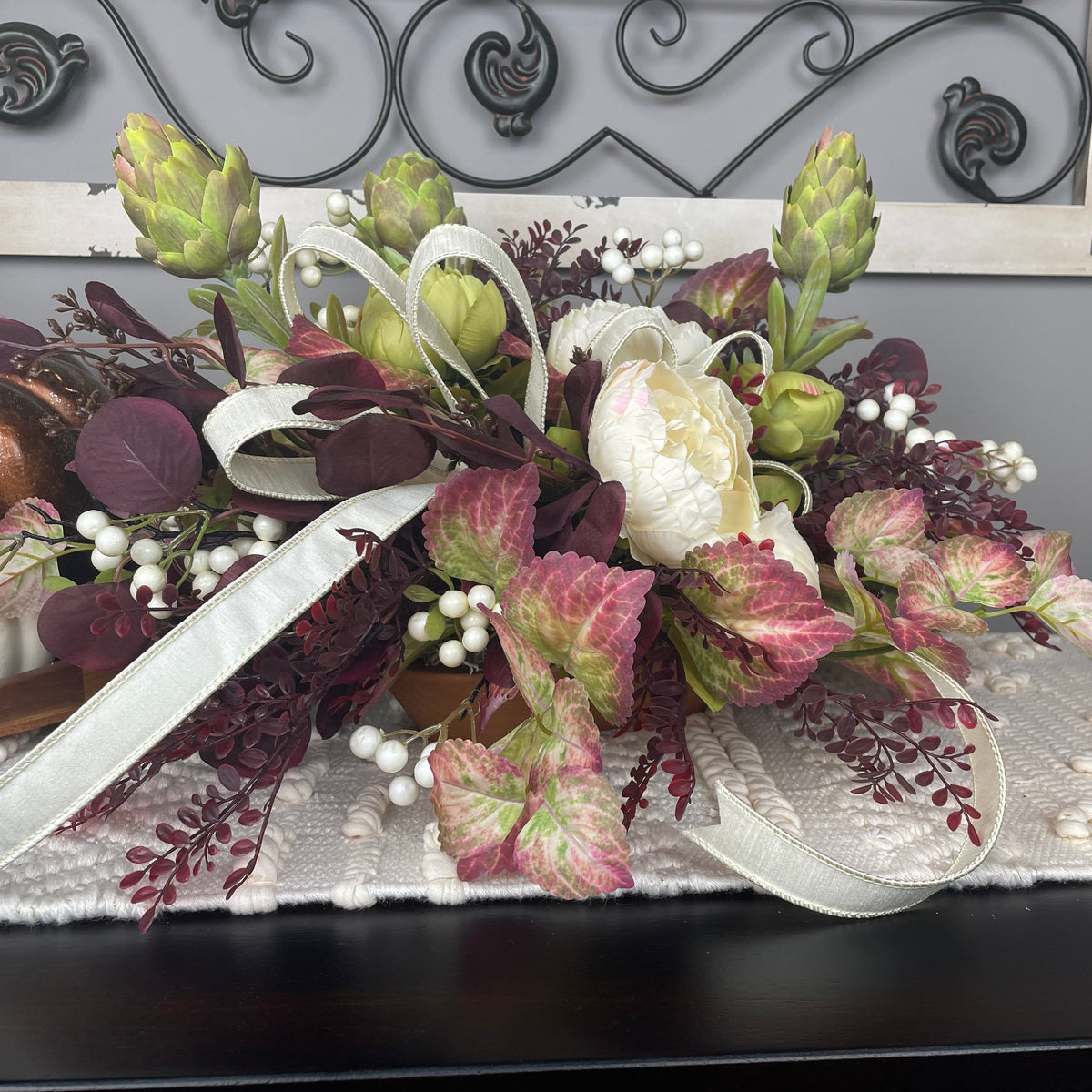 Fall Centerpiece with Cream Bow and Plum Eucalyptus in Wood Bowl