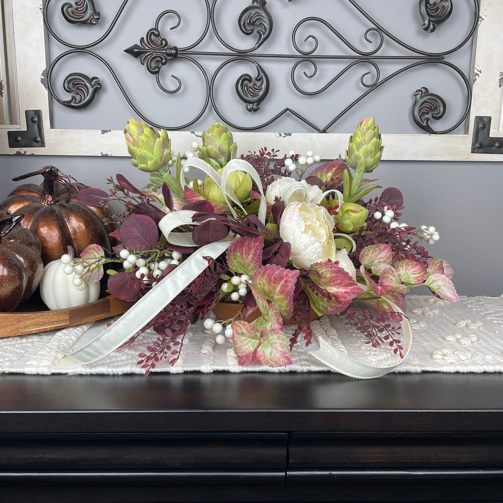 Fall Centerpiece with Cream Bow and Plum Eucalyptus in Wood Bowl