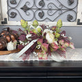 Fall Centerpiece with Cream Bow and Plum Eucalyptus in Wood Bowl