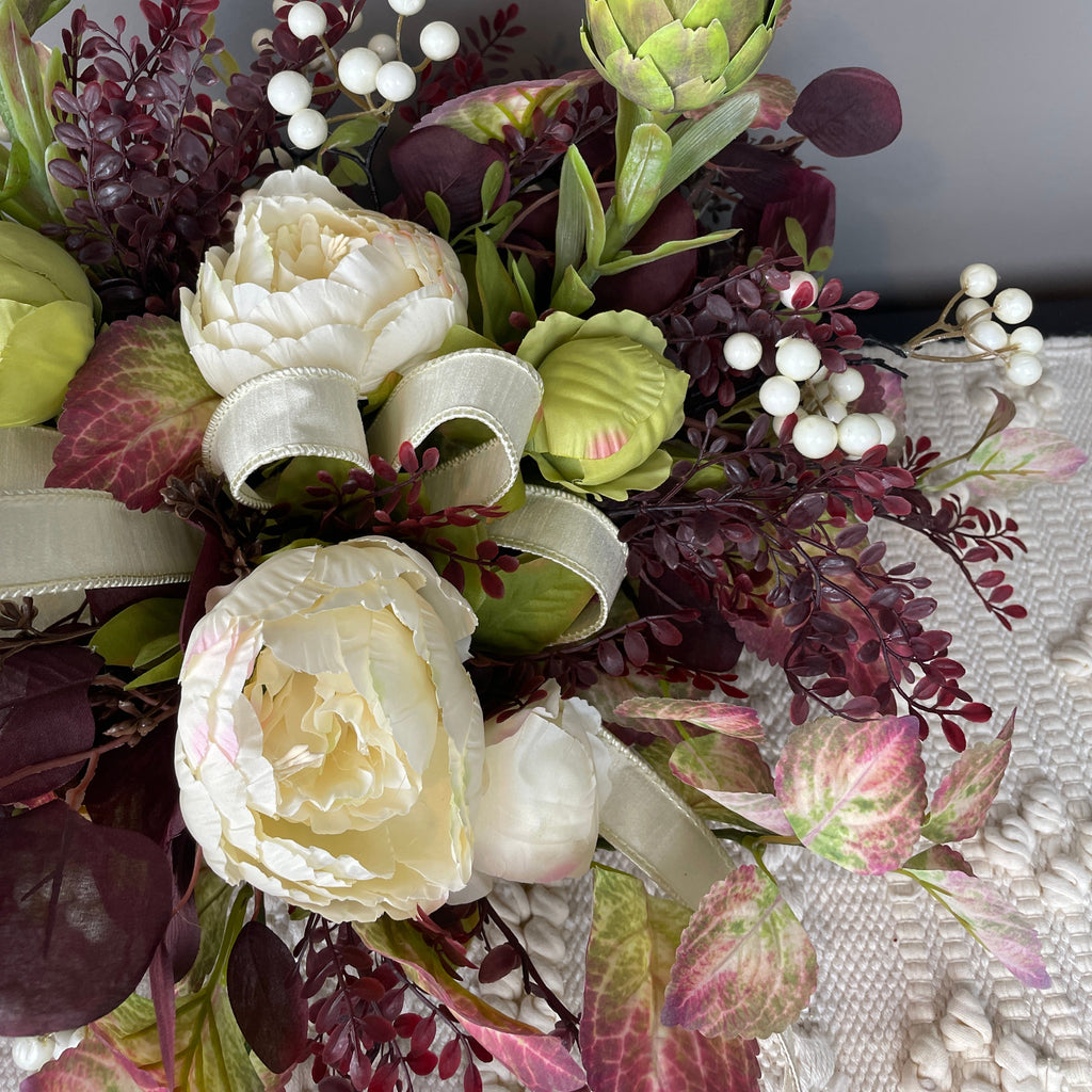 Fall Centerpiece with Cream Bow and Plum Eucalyptus in Wood Bowl