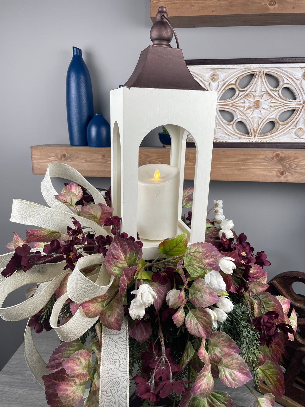 Multi Season Candlestick with Velvet Pumpkin Ornament & Lantern